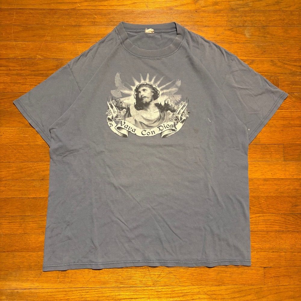 Vintage Vaya Con Dios Jesus Christ Graphic T-Shirt Faded Blue L